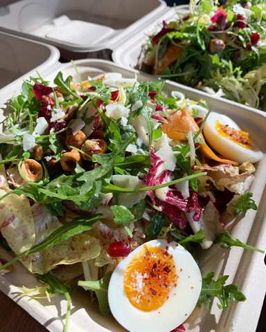 vibrant fresh locally-sourced salad with jammy eggs at Organic Cafe Bartavelle in Berkeley, CA