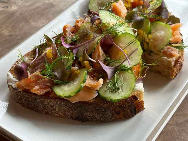 Delicious and healthy smoked trout toast for breakfast or brunch at Outerlands cafe in San Francisco, CA