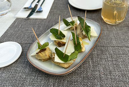 Fresh, simple, delicious tapas of artichoke, pecorino, mint, EVOO in Vaugines, Provence