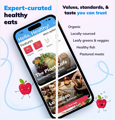 Photo of Healthy Anywhere app showing curated recommendations for local healthy restaurants with sustainable practices and delicious dishes