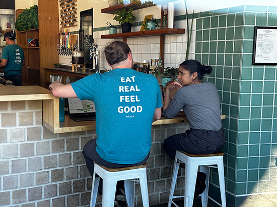 Owner Bryan Tublin converses with Culinary Director Preethi Aylard at Kitava Oakland