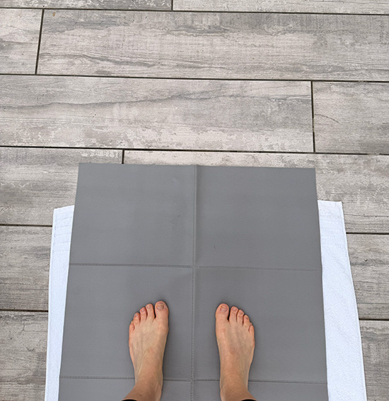 Travel yoga mat on the porch at Mattei's Tavern, Los Olivos California